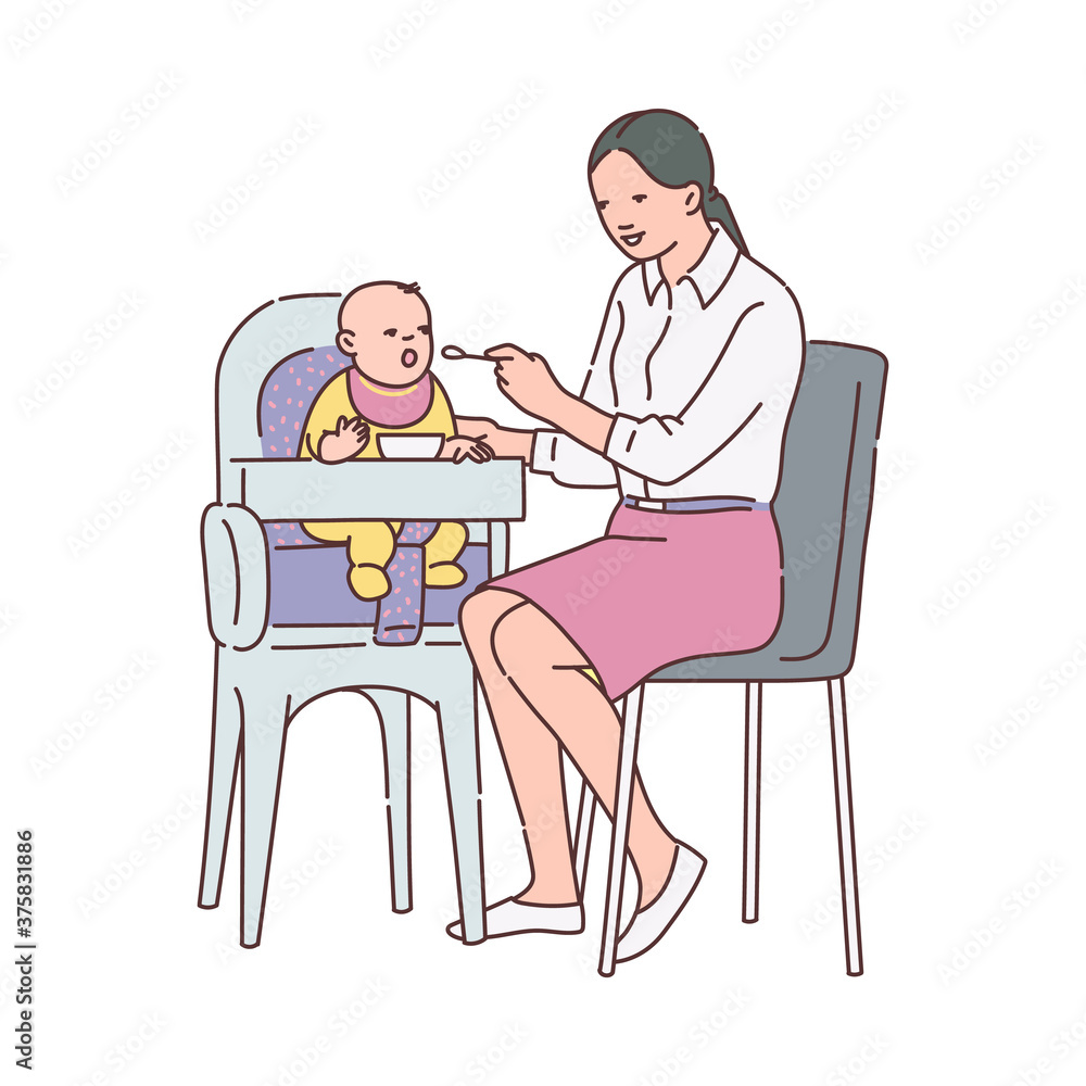 Babysitter or nanny character feeding baby, sketch vector illustration isolated.