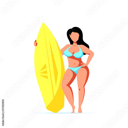 Attractive woman plus size holding a surfboard