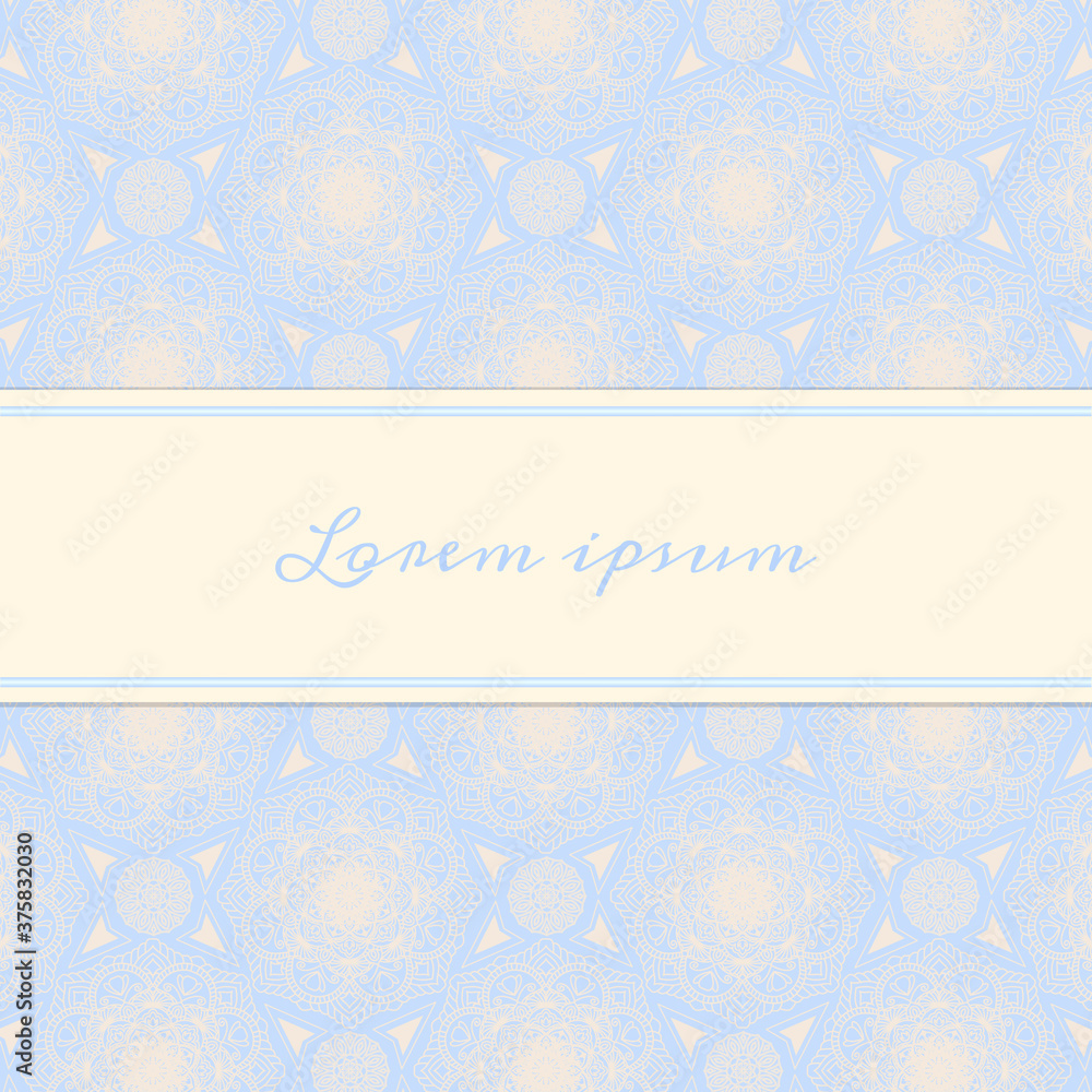 Oriental blue yellow mandala pattern background card with space for text