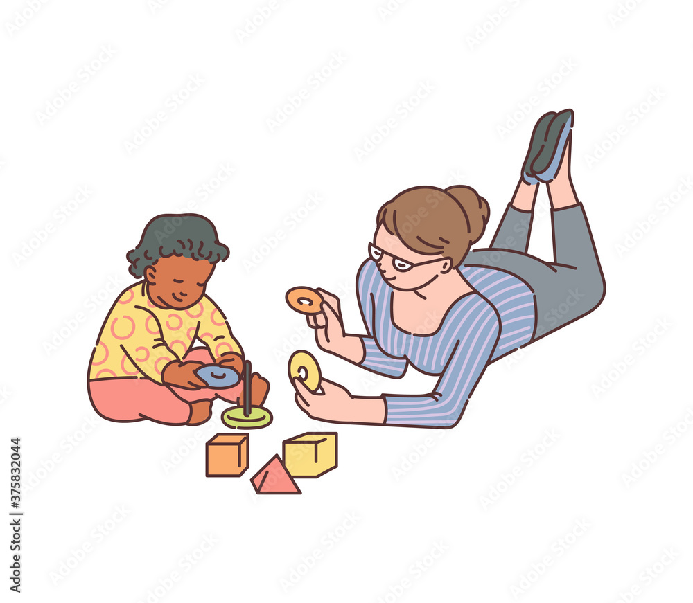 Nanny or babysitter playing with child, sketch vector illustration isolated.
