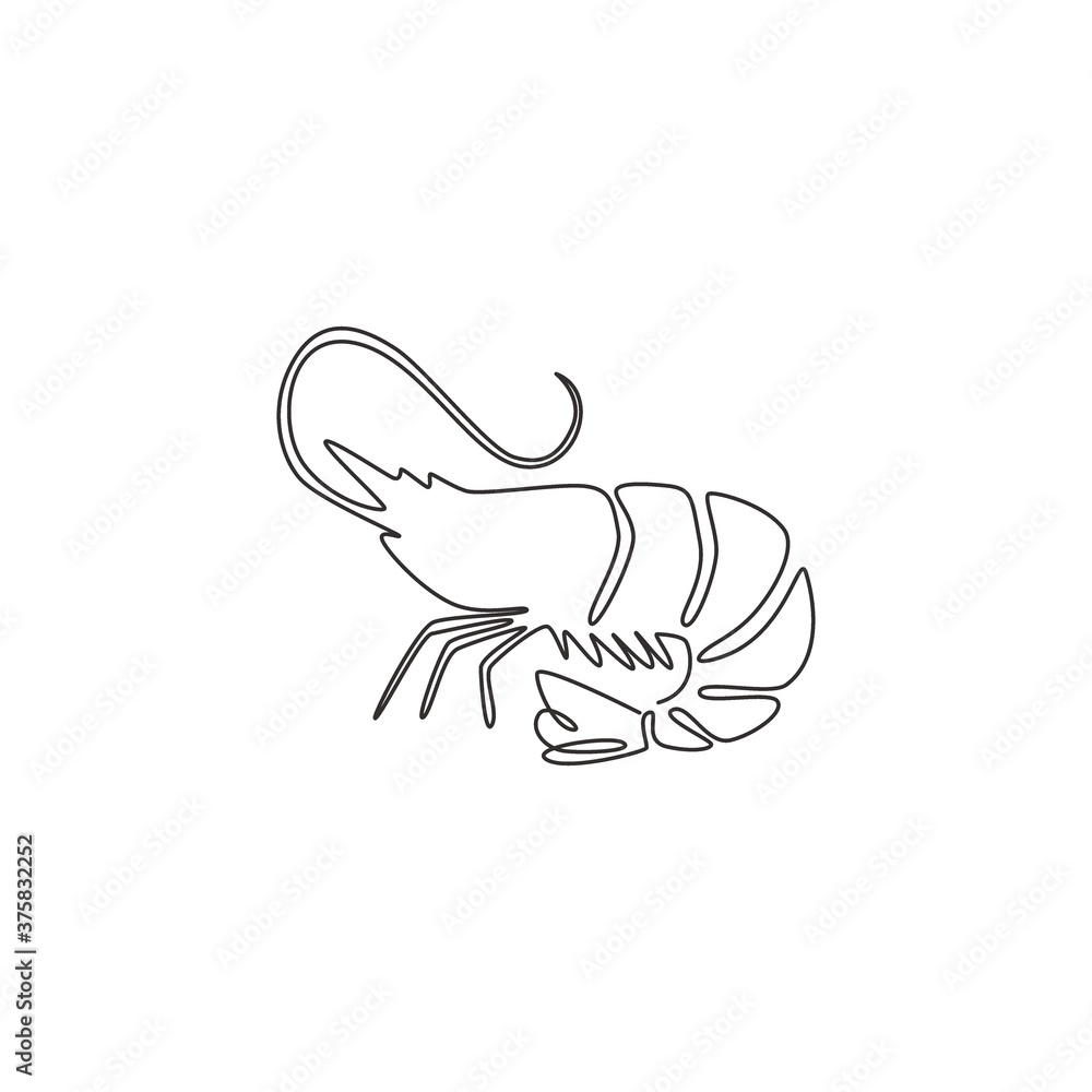 Obraz premium Single continuous line drawing of big shrimp for healthy seafood logo identity. Prawn mascot concept for Chinese restaurant icon. One line draw graphic design vector illustration