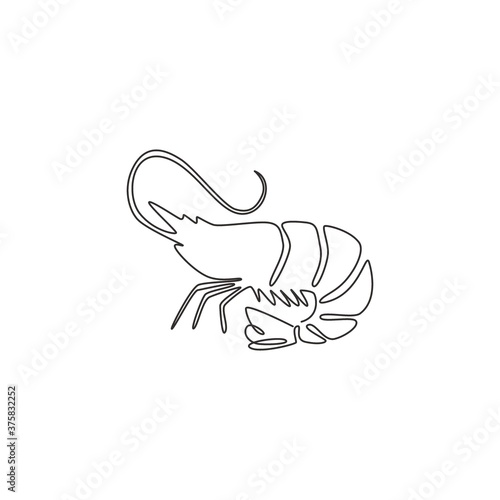 Single continuous line drawing of big shrimp for healthy seafood logo identity. Prawn mascot concept for Chinese restaurant icon. One line draw graphic design vector illustration