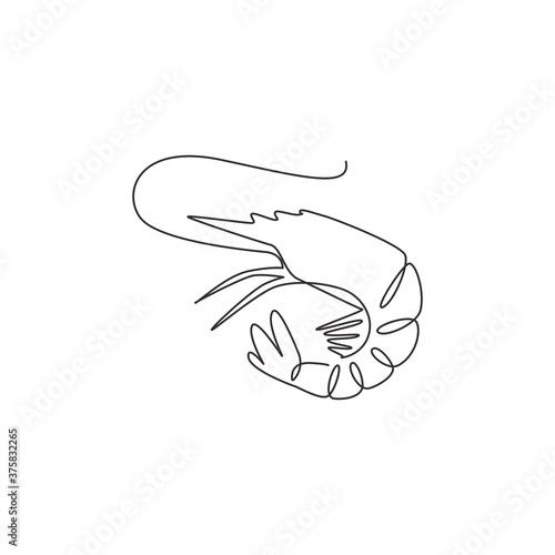 One continuous line drawing of fresh shrimp for seafood logo identity. Prawn mascot concept for Chinese restaurant icon. Single line draw design graphic vector illustration