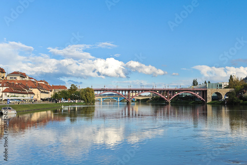 Maribor Drava River Bridge blue sky Lent Slovenia