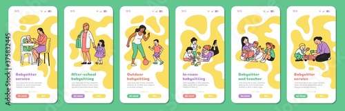 Child babysitter app banner set with cartoon nanny women and kids