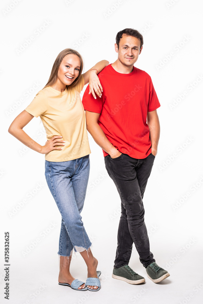 Full portrait of happy couple isolated on white background. Full portrait of happy couple isolated on white background.