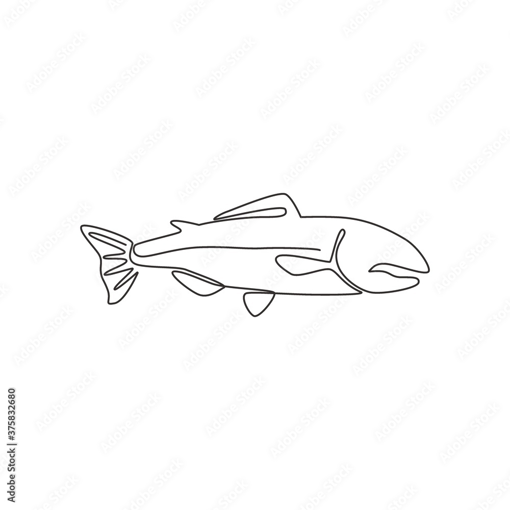 Single continuous line drawing of large salmon for fresh meat company logo identity. River fish mascot concept for fast food can icon. One line draw design graphic vector illustration