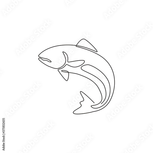 One single line drawing of big salmon for logo identity. Large lake fish mascot concept for fishing tournament icon. Continuous line draw design vector graphic illustration
