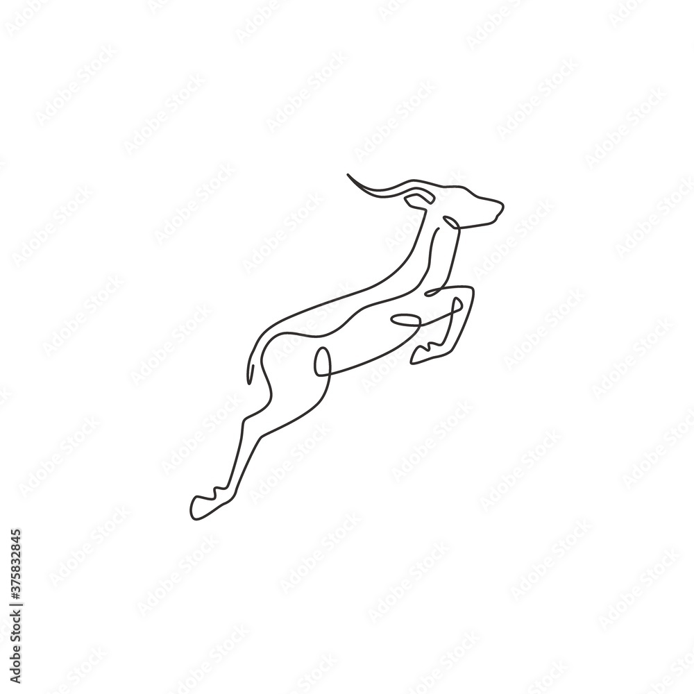 One continuous line drawing of adorable jumping antelope for company logo identity. Horned agile gazelle mascot concept for safari park icon. Single line draw graphic design vector illustration