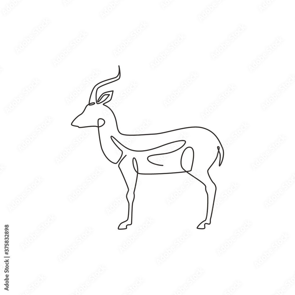One single line drawing of beauty antelope for logo identity. Horned mammal animal mascot concept for national conservation park icon. Continuous line draw design vector illustration graphic
