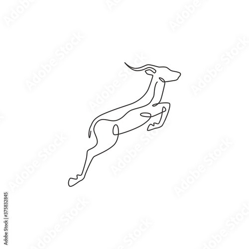 One continuous line drawing of adorable jumping antelope for company logo identity. Horned agile gazelle mascot concept for safari park icon. Single line draw graphic design vector illustration photo