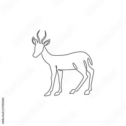 Single continuous line drawing of cute antelope for company logo identity. Horned gazelle mascot concept for national zoo icon. One line draw design graphic vector illustration