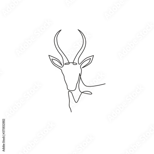 One single line drawing of beauty antelope head for logo identity. Horned mammal animal mascot concept for national conservation park icon. Continuous line draw design vector graphic illustration