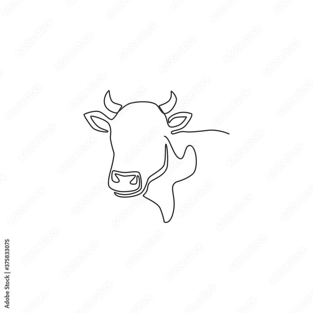 Single continuous line drawing of plump cow head for farming logo identity. Mammal animal mascot concept for livestock icon. One line graphic draw design vector illustration Single continuous line drawing of plump cow head for farming logo identity. Mammal animal mascot concept for livestock icon. One line graphic draw design vector illustration