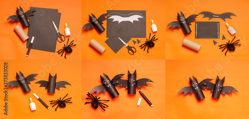 Diy Halloween bat from toilet tube on orange background. Halloween holiday concept. Instruction.Step by step.Top view. Children Halloween craft. Workshop, tutorial