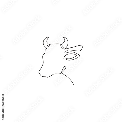 One continuous line drawing of sturdy cow head for agriculture logo identity. Mammal animal mascot concept for farming icon. Single line graphic draw design vector illustration