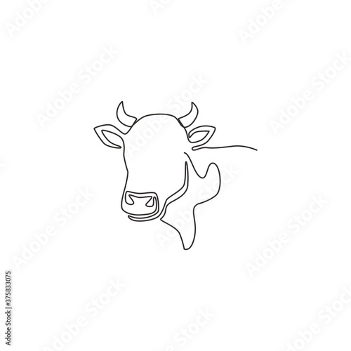 Single continuous line drawing of plump cow head for farming logo identity. Mammal animal mascot concept for livestock icon. One line graphic draw design vector illustration