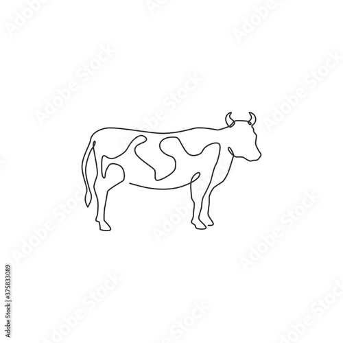 One single line drawing of fat cow for husbandry logo identity. Mammal animal mascot concept for livestock icon. Continuous line draw design graphic vector illustration