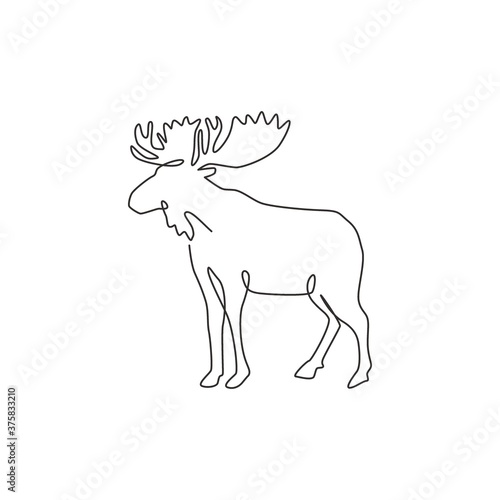 One single line drawing of big moose for logo identity. Mammal animal with horn mascot concept for national park icon. Continuous line draw design vector graphic illustration