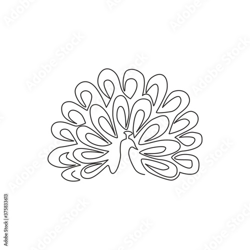 One single line drawing of beautiful peacock for company logo identity. Big avian mascot concept for national park icon. Modern continuous line graphic draw design vector illustration