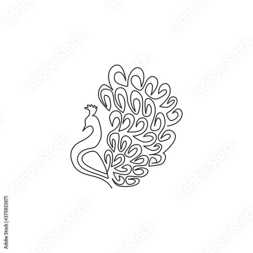 One continuous line drawing of beauty adorable peacock for company logo identity. Big pretty bird mascot concept for national zoo icon. Modern single line draw design vector graphic illustration