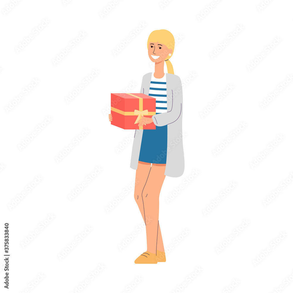 Woman cartoon character holding prize box, flat vector illustration isolated. Woman cartoon character holding prize box, flat vector illustration isolated.