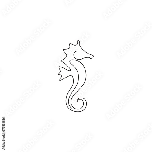 One continuous line drawing of adorable sea horse for logo identity. Little sea monster creature mascot concept for sea world icon. Modern single line draw design vector illustration