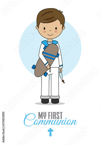 First communion card. Boy with skateboard. Isolated vector	