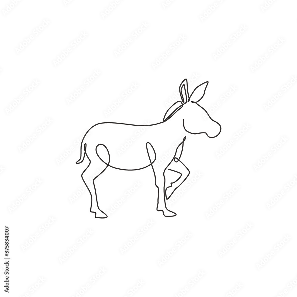 Single continuous line drawing of walking donkey for ranch logo identity. Tiny horse size mascot concept for donkey farm icon. Modern one line draw design vector illustration