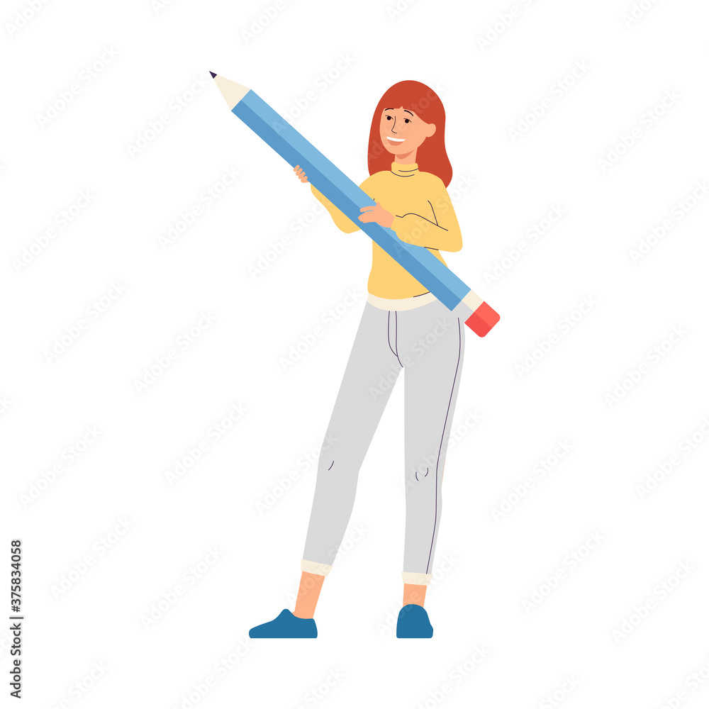 Cartoon woman holding giant pencil and smiling, vector illustration Cartoon woman holding giant pencil and smiling, vector illustration