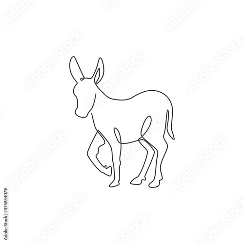 One single line drawing of walking cute donkey for farm logo identity. Little horse mascot concept for national zoo icon. Modern continuous line draw design vector illustration