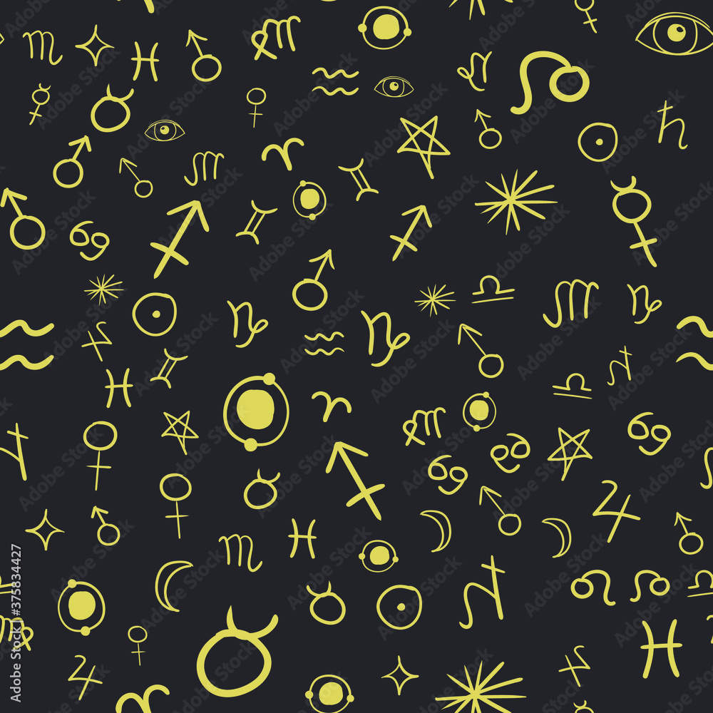 Zodiac signs seamless pattern. Hand drawn horoscope astrology symbols, grunge textured design, typography print, vector illustration. Zodiac signs seamless pattern. Hand drawn horoscope astrology symbols, grunge textured design, typography print, vector illustration.