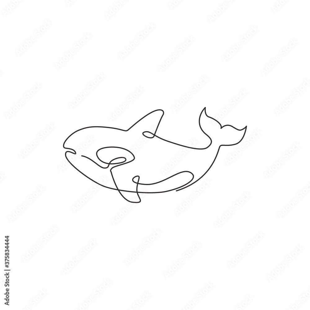 One continuous line drawing of cute orca for marine logo identity. Killer whale mascot concept for sea world show icon. Modern single line draw design vector illustration One continuous line drawing of cute orca for marine logo identity. Killer whale mascot concept for sea world show icon. Modern single line draw design vector illustration