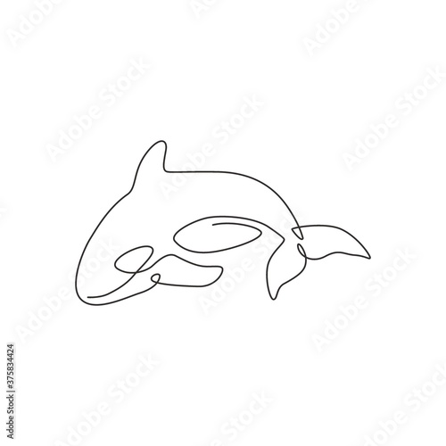 One continuous line drawing of cute orca for marine logo identity. Killer whale mascot concept for sea world show icon. Modern single line draw design vector illustration