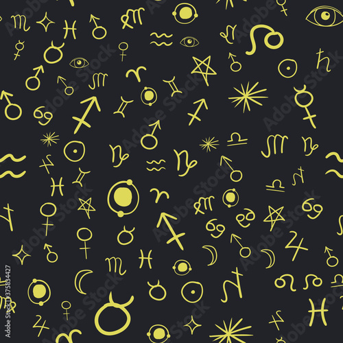 Zodiac signs seamless pattern. Hand drawn horoscope astrology symbols, grunge textured design, typography print, vector illustration.