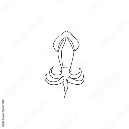Single continuous line drawing of adorable squid for fresh sea food logo identity. Big cuttlefish animal mascot concept for Chinese restaurant icon. Modern one line draw design vector illustration