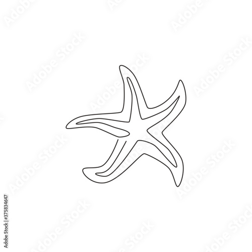 Single continuous line drawing of adorable sea star for nautical logo identity. Starfish animal mascot concept for beach ornament icon. Modern one line draw design vector illustration