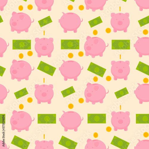 This is a seamless pattern with piggy and money on a light background.