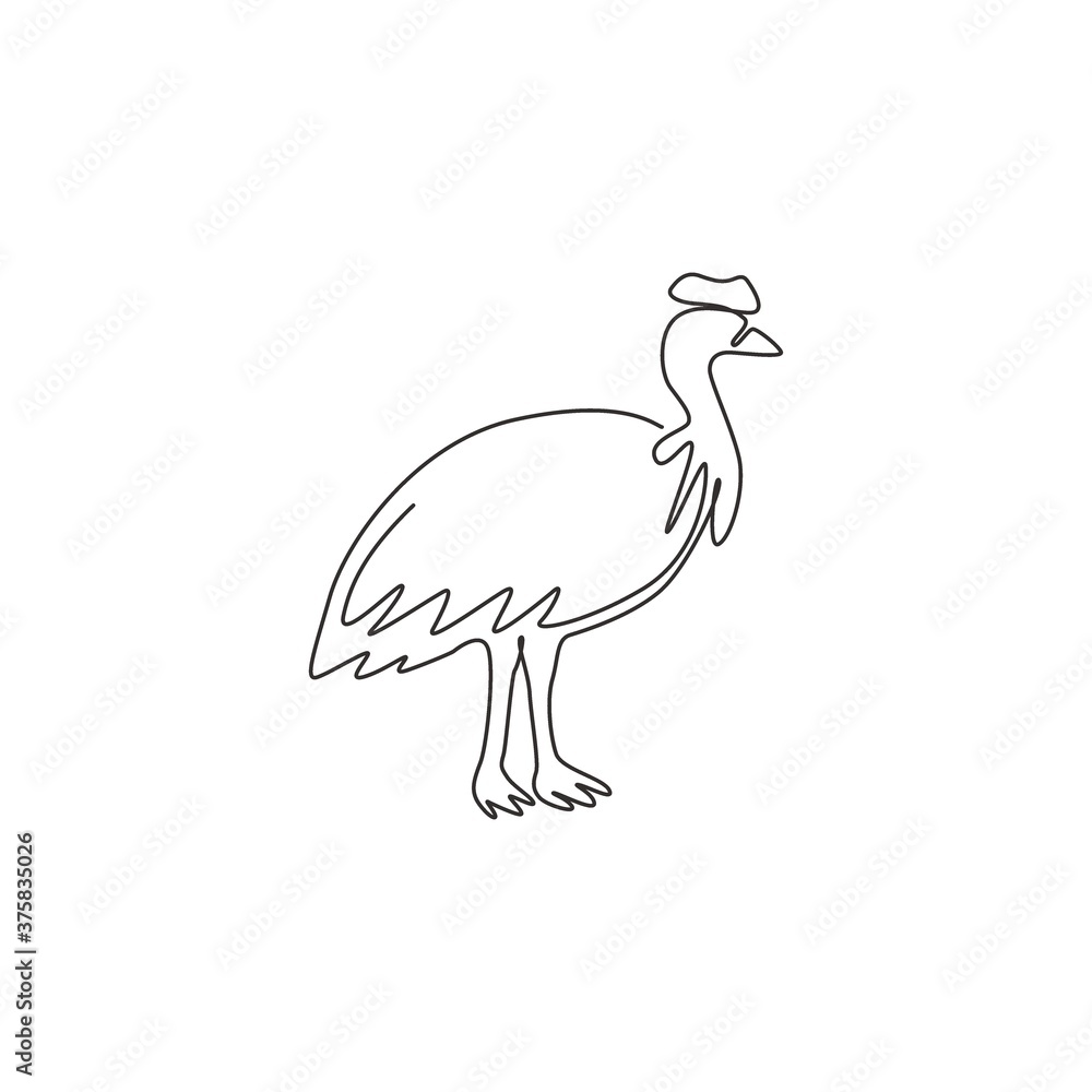 One continuous line drawing of cute cassowary for company logo identity. Flightless beautiful bird mascot concept for national zoo icon. Modern single line draw design vector graphic illustration One continuous line drawing of cute cassowary for company logo identity. Flightless beautiful bird mascot concept for national zoo icon. Modern single line draw design vector graphic illustration