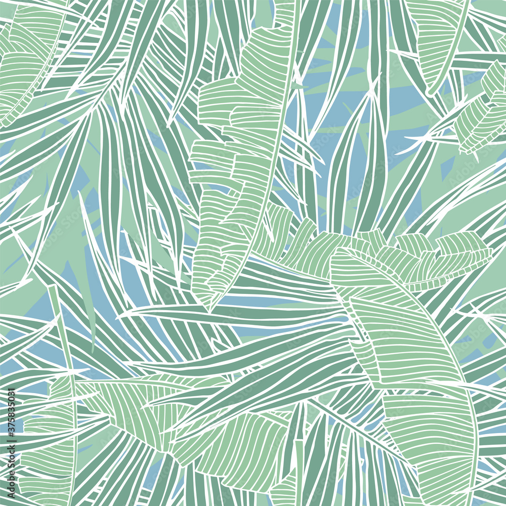 Tropical pattern with leaves. Seamless texture with banana and palm tree leaf. Modern trendy background for web sites and internet, summer print. Hand drawn tropical foliage.