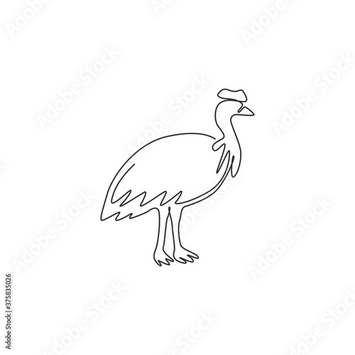 One continuous line drawing of cute cassowary for company logo identity. Flightless beautiful bird mascot concept for national zoo icon. Modern single line draw design vector graphic illustration