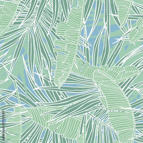 Tropical pattern with leaves. Seamless texture with banana and palm tree leaf. Modern trendy background for web sites and internet, summer print. Hand drawn tropical foliage.