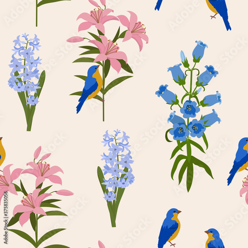 Seamless vector illustration with birds, lily, hyacinths and campanula.