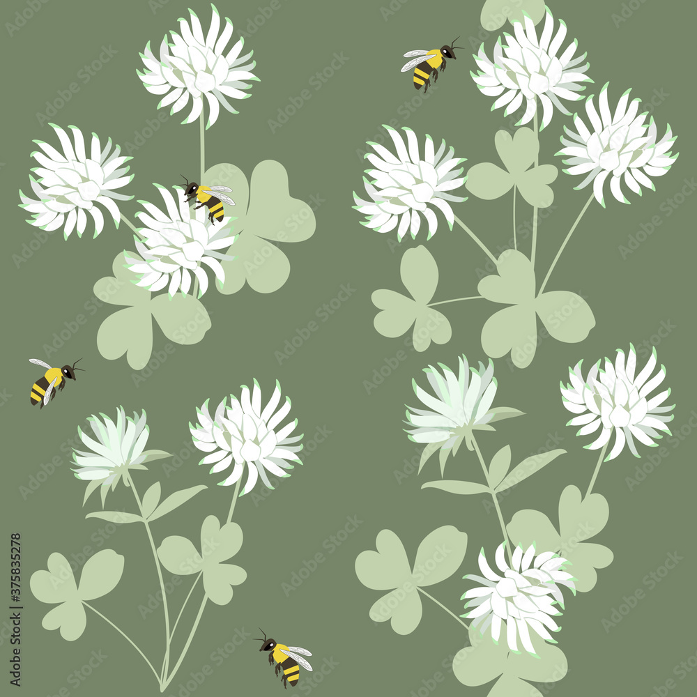 Seamless vector illustration with flowers, leaves of clover and bee