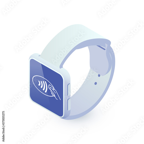 Isometric Smart watch with contactless e-pay icon ow screen isolated on white background. 3d fitness bracelet technology. Electronic payment via smart wrist watch vector illustration