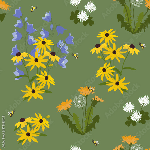 Seamless vector illustration with beautiful wildflowers and bees