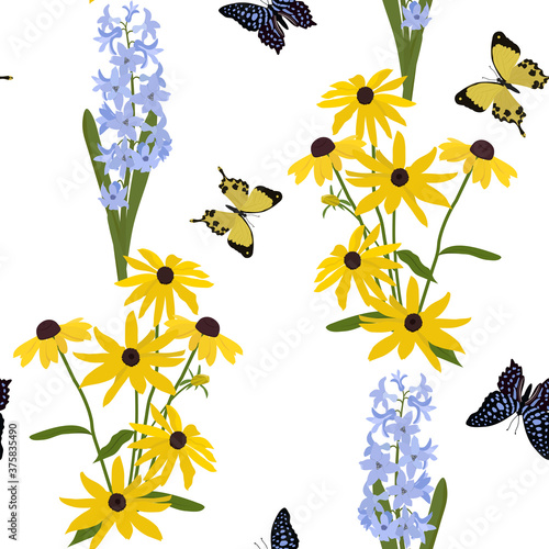 Seamless vector illustration with flowers of rudbeckia and hyacinth