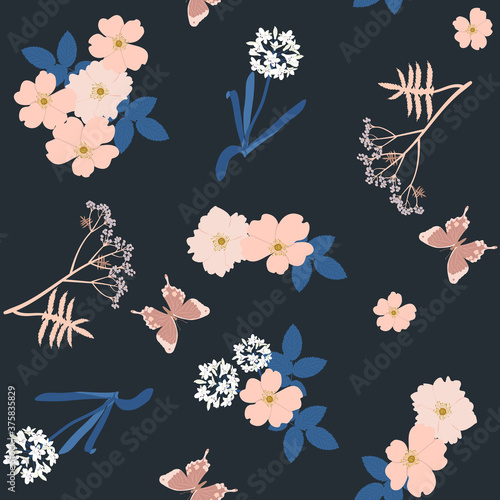Seamless vector illustration with wildflowers and butterflies.