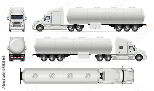 Tanker truck vector mockup on white for vehicle branding, corporate identity. View from side, front, back and top. All elements in the groups on separate layers for easy editing and recolor