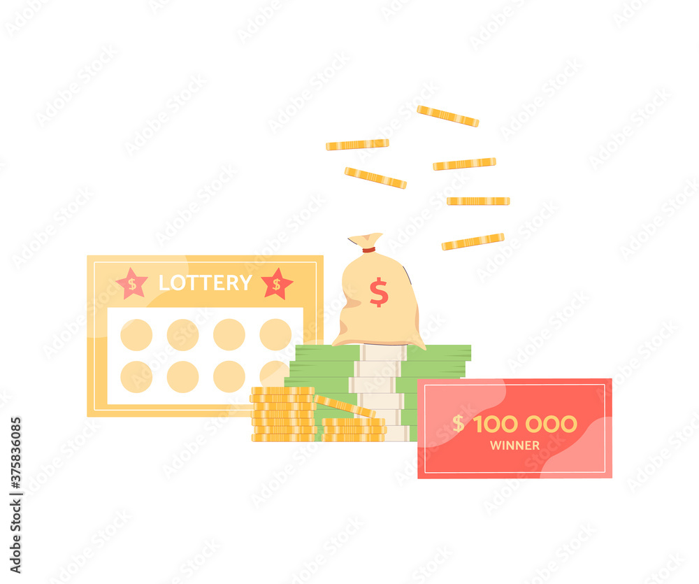 Winning lottery ticket and money prize with cash falling from above Winning lottery ticket and money prize with cash falling from above